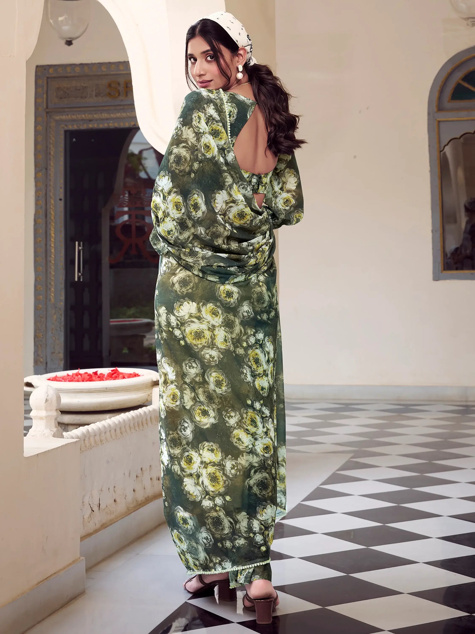 Ravishing Olive Green Floral Printed Georgette Saree With Blouse - Zeel Clothing