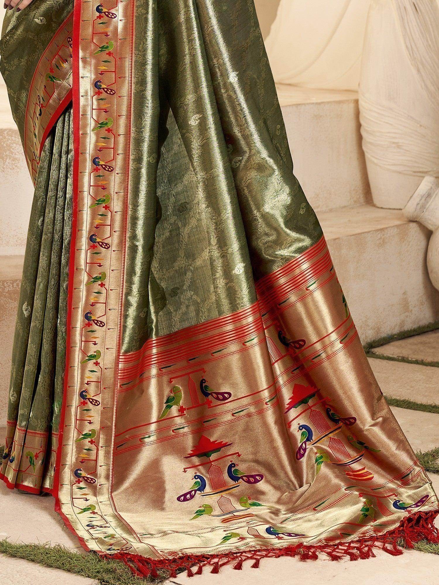 Ravishing Olive Green Zari Weaving Silk Events Wear Saree With Blouse - Zeel Clothing