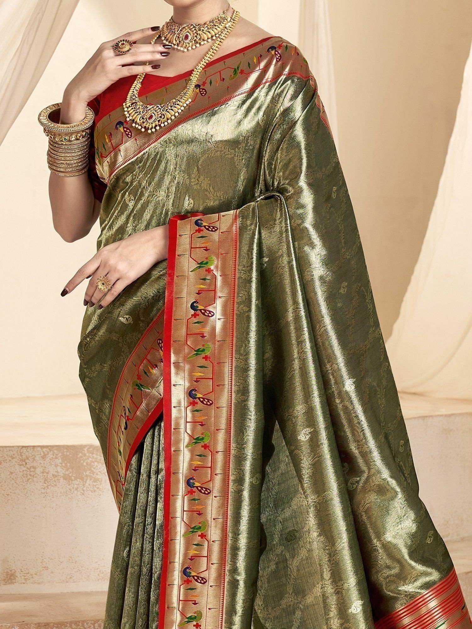 Ravishing Olive Green Zari Weaving Silk Events Wear Saree With Blouse - Zeel Clothing