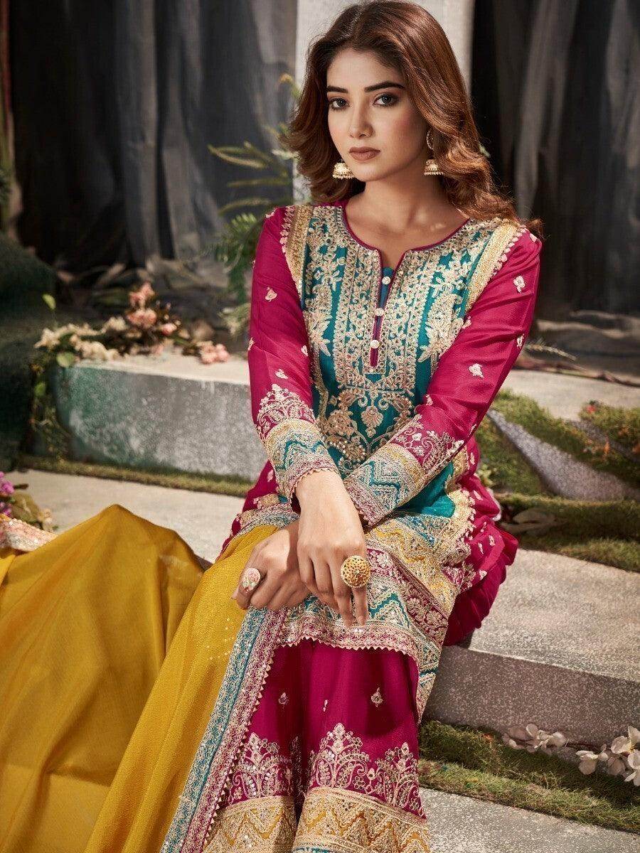Ravishing Orange & Pink Sequins Chinon Palazzo Suit With Dupatta - Zeel Clothing
