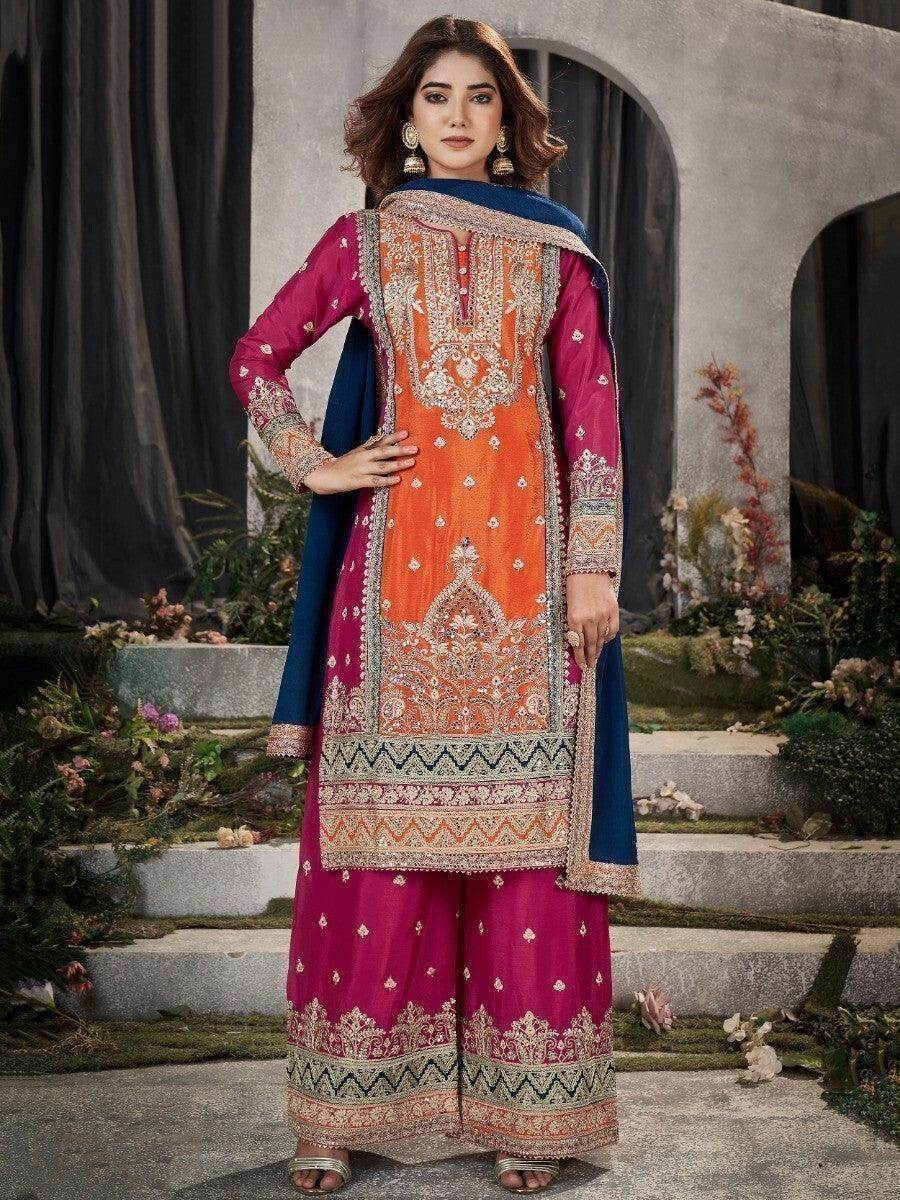 Ravishing Orange & Pink Sequins Chinon Palazzo Suit With Dupatta - Zeel Clothing