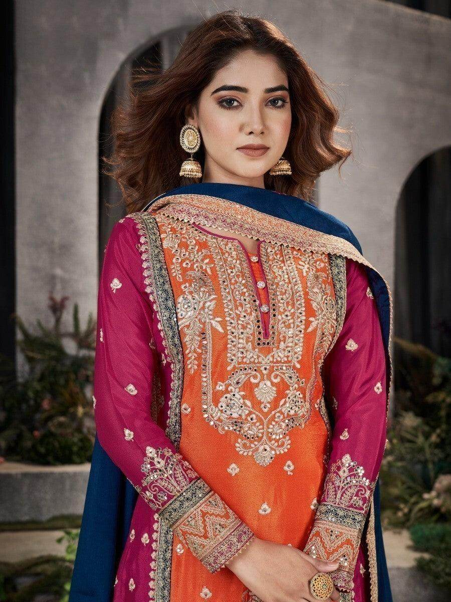 Ravishing Orange & Pink Sequins Chinon Palazzo Suit With Dupatta - Zeel Clothing
