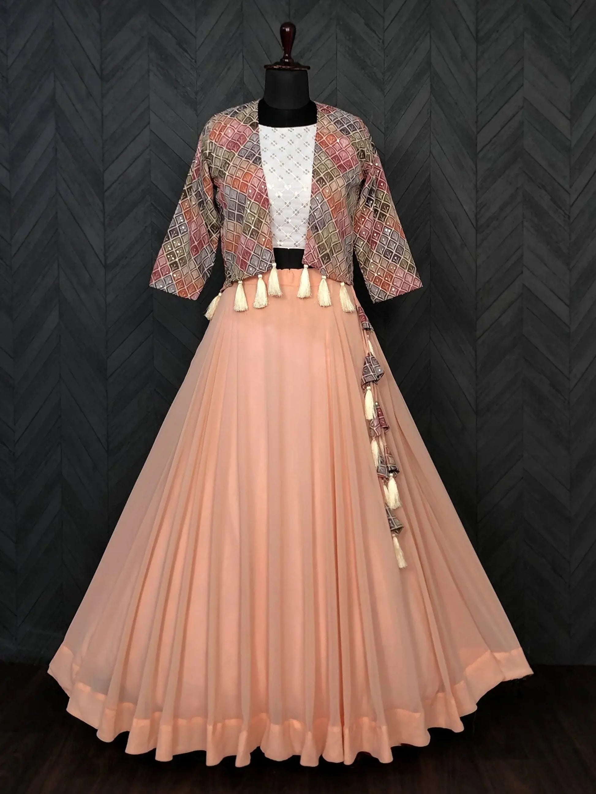 Ravishing Peach Georgette Festival Wear Crop Top Lehenga With Koti - Zeel Clothing