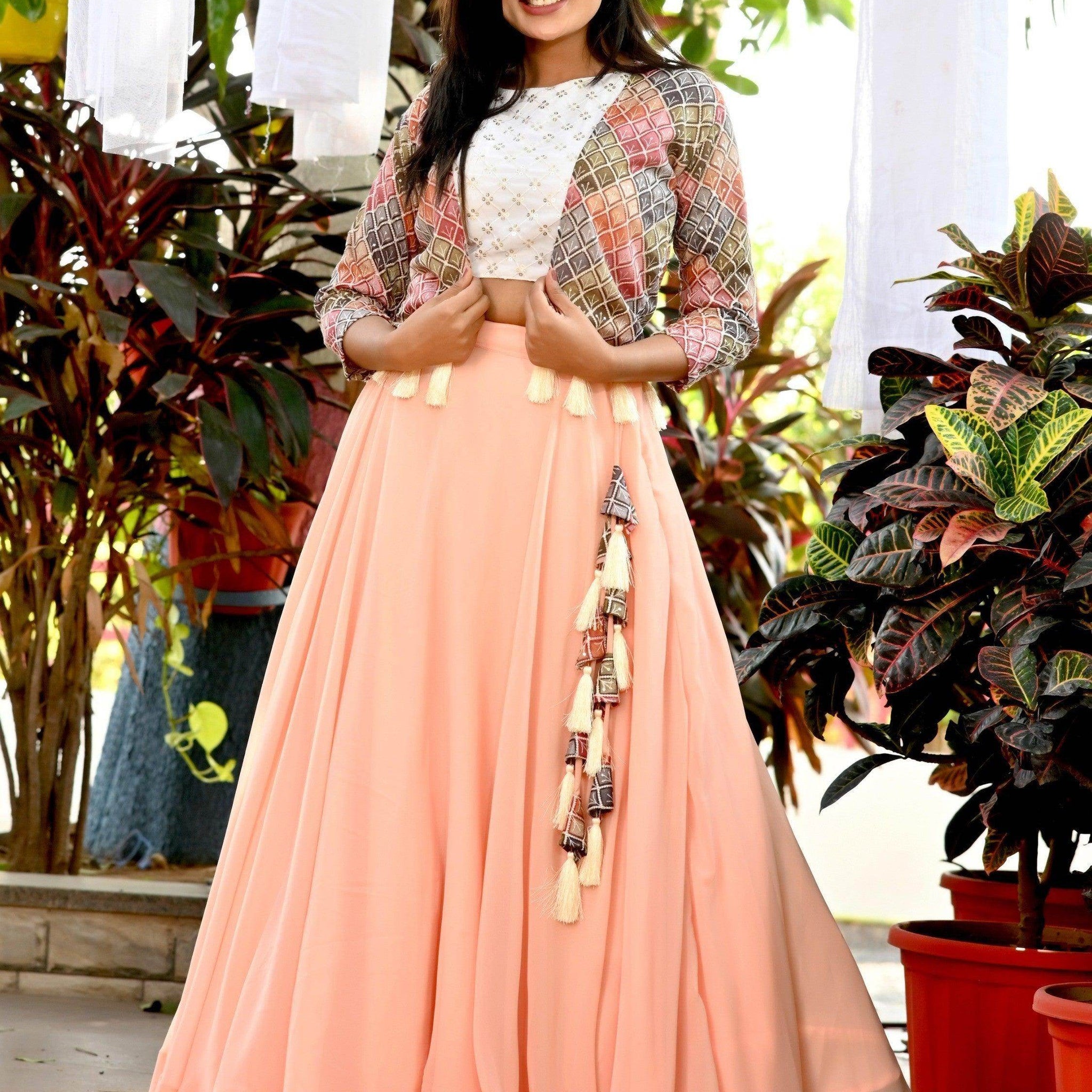 Ravishing Peach Georgette Festival Wear Crop Top Lehenga With Koti - Zeel Clothing