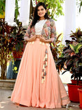 Ravishing Peach Georgette Festival Wear Crop Top Lehenga With Koti - Zeel Clothing