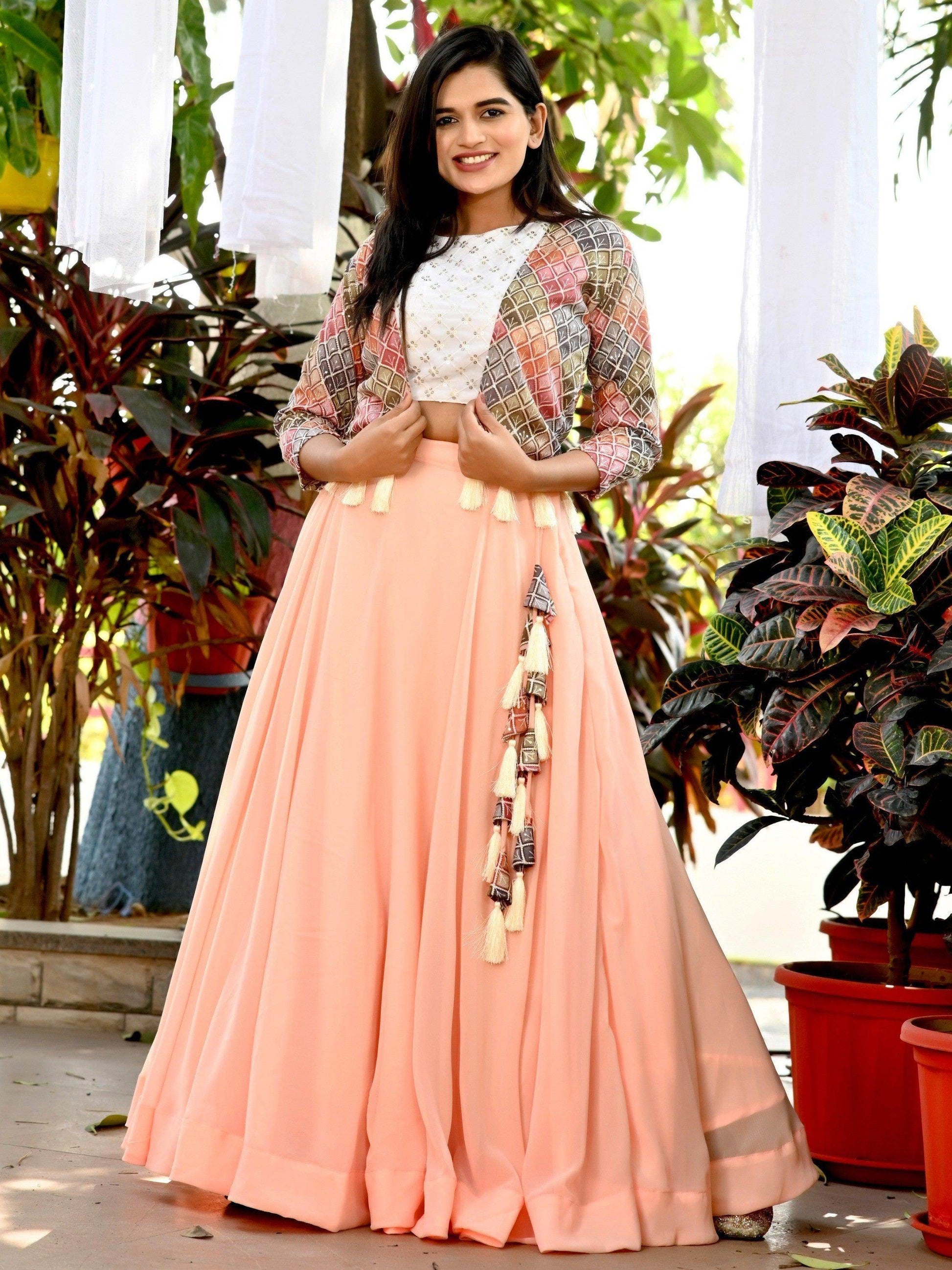 Ravishing Peach Georgette Festival Wear Crop Top Lehenga With Koti - Zeel Clothing
