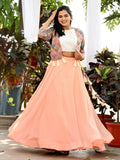 Ravishing Peach Georgette Festival Wear Crop Top Lehenga With Koti - Zeel Clothing