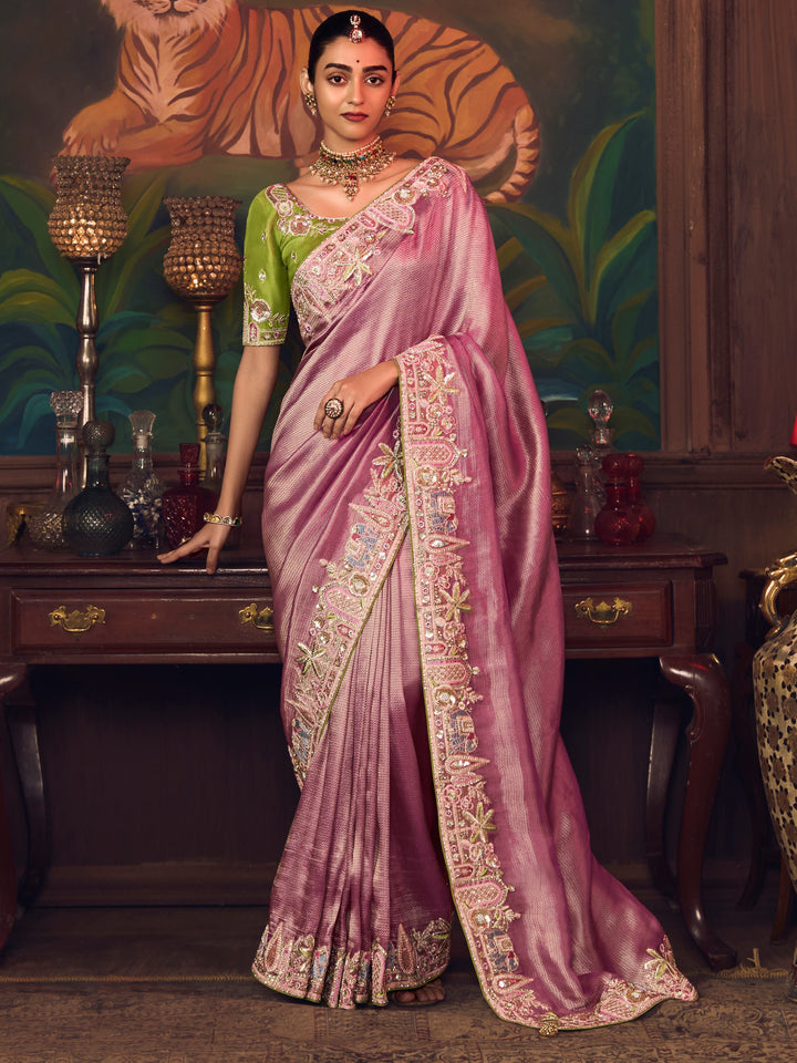 Ravishing Pink Thread Embroidery Silk Engagement Wear Saree With Blouse