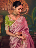 Ravishing Pink Thread Embroidery Silk Engagement Wear Saree With Blouse