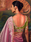 Ravishing Pink Thread Embroidery Silk Engagement Wear Saree With Blouse