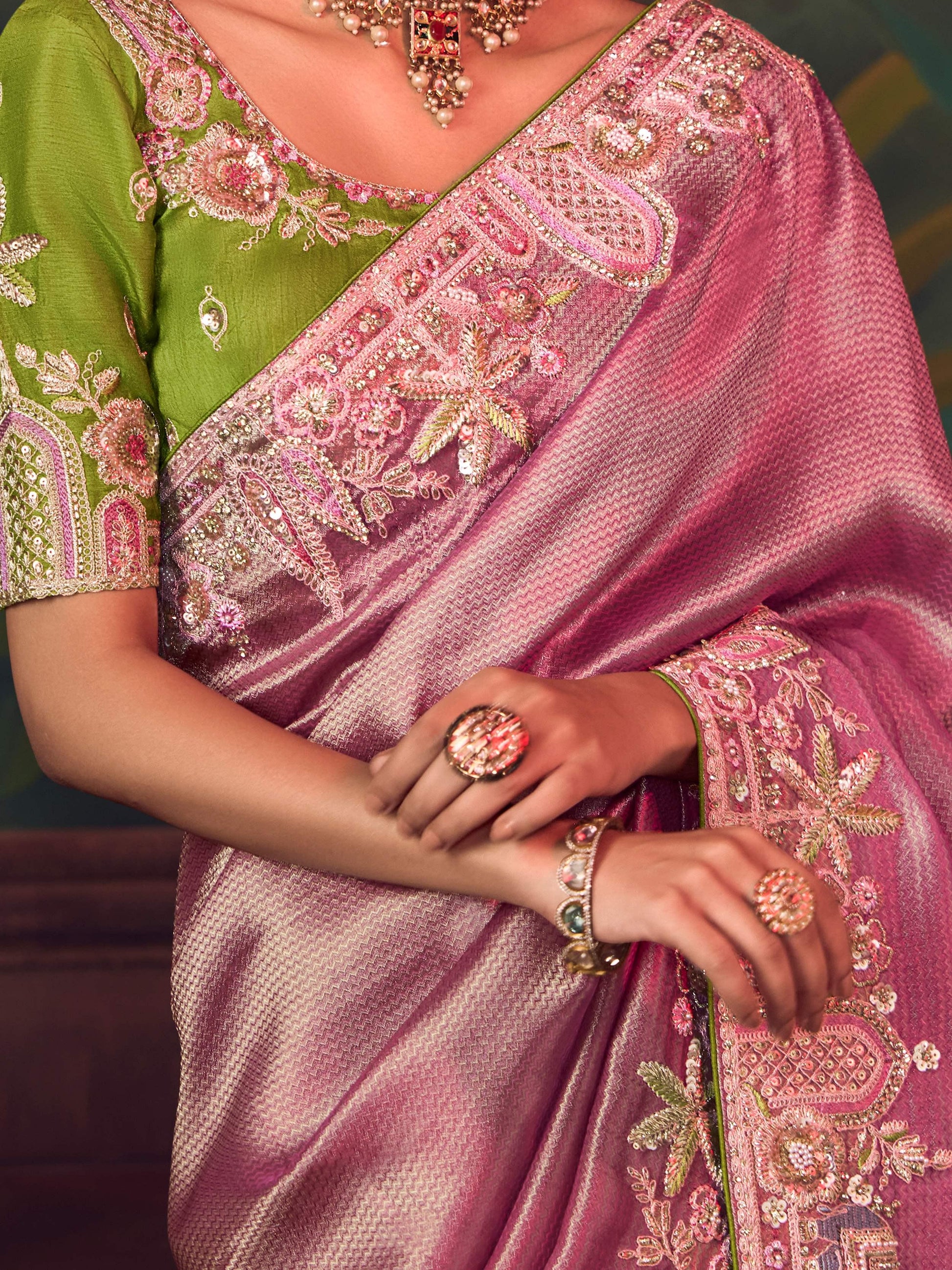 Ravishing Pink Thread Embroidery Silk Engagement Wear Saree With Blouse