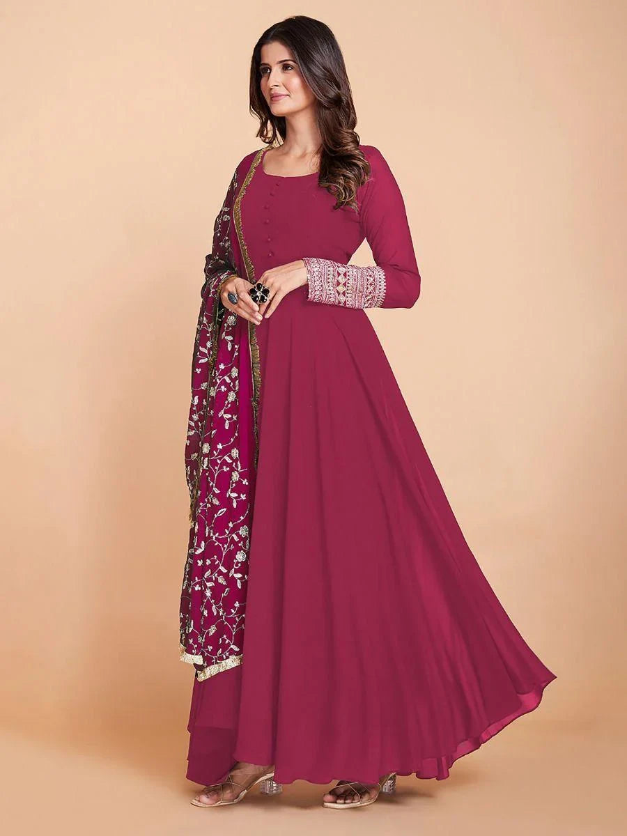 Ravishing Pink Zari Work Georgette Wedding Wear Gown