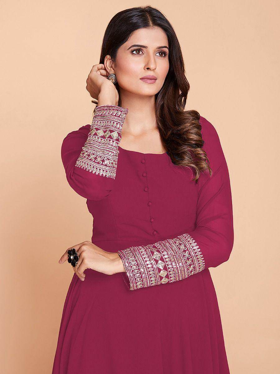 Ravishing Pink Zari Work Georgette Wedding Wear Gown - Zeel Clothing