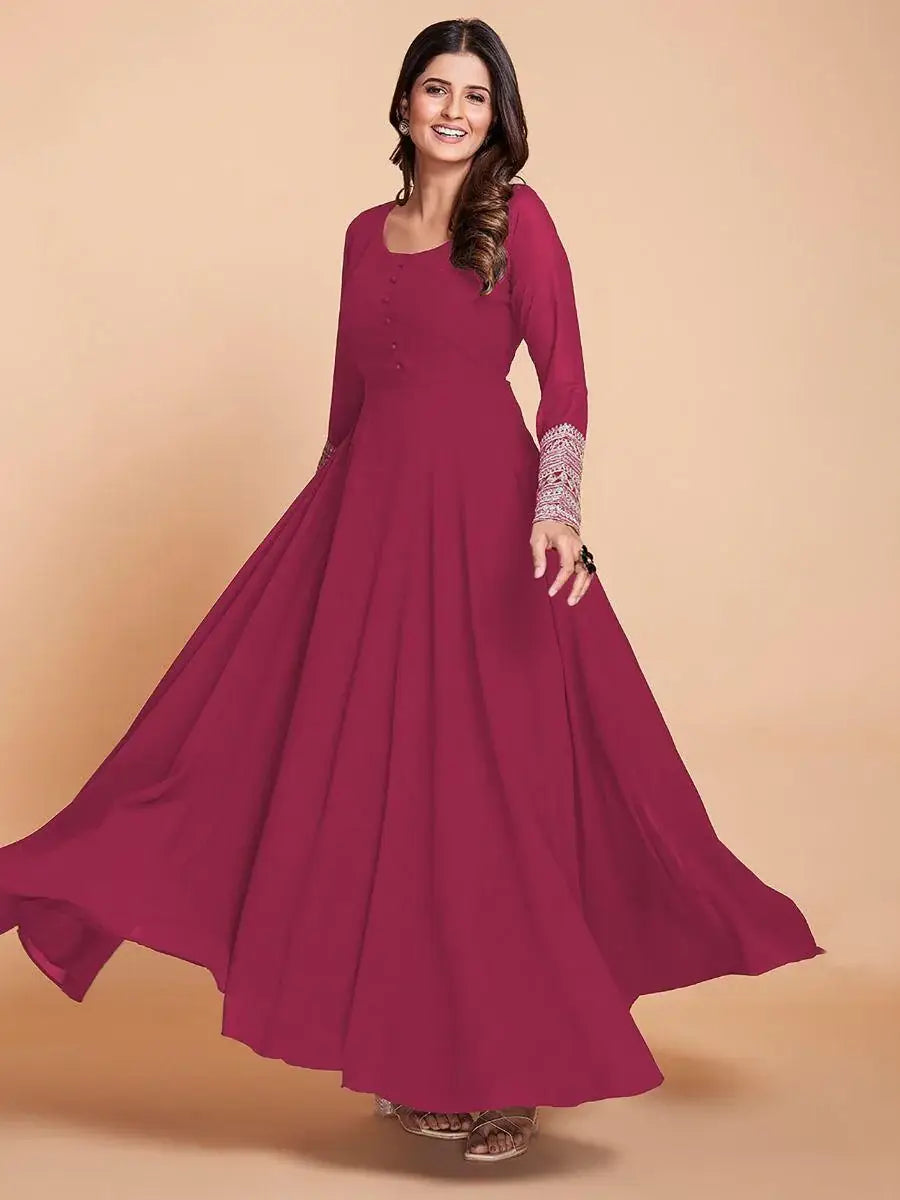 Ravishing Pink Zari Work Georgette Wedding Wear Gown - Zeel Clothing