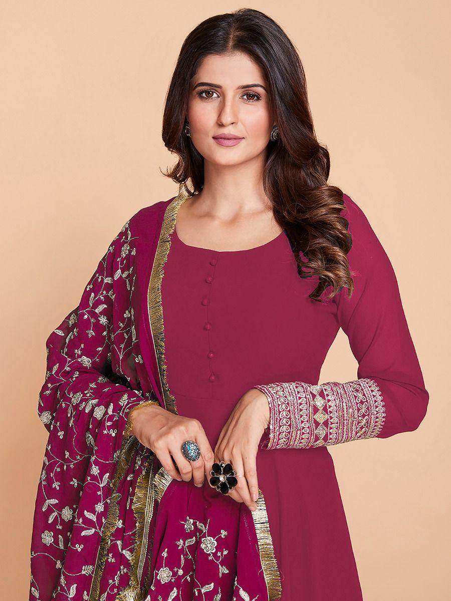Ravishing Pink Zari Work Georgette Wedding Wear Gown - Zeel Clothing