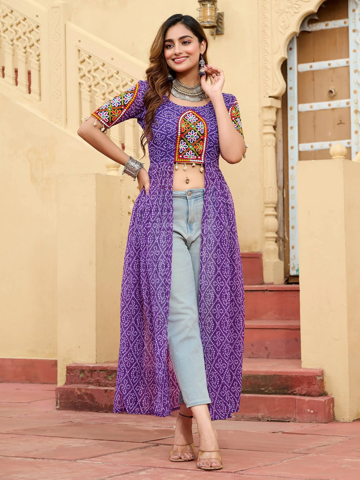 Ravishing Purple Bandhani Printed Georgette Festive Wear High Slit Kurti - Zeel Clothing