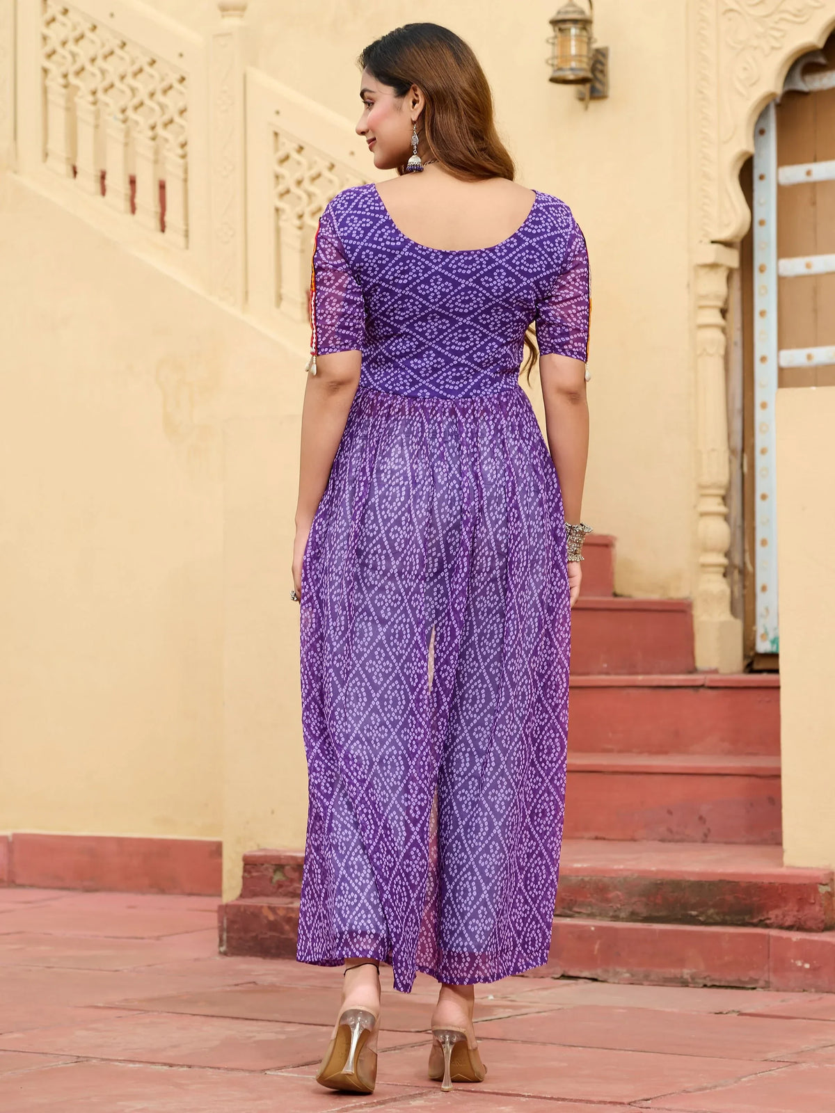 Ravishing Purple Bandhani Printed Georgette Festive Wear High Slit Kurti - Zeel Clothing