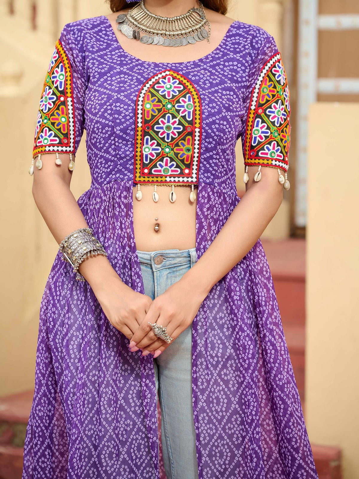 Ravishing Purple Bandhani Printed Georgette Festive Wear High Slit Kurti - Zeel Clothing