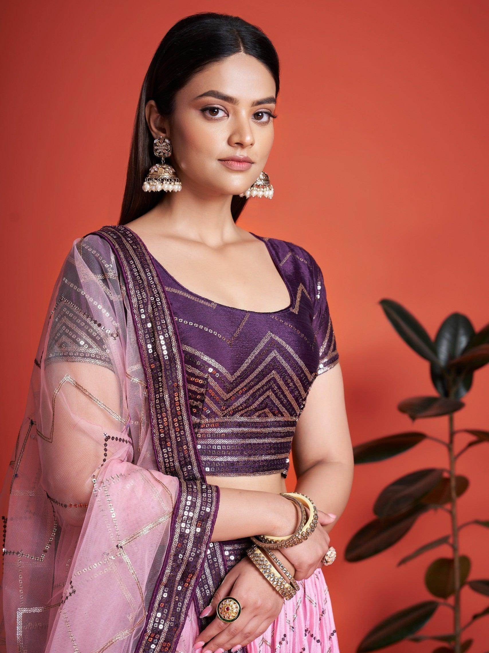 Ravishing Purple Sequins Chinon Lehenga Choli With Dupatta - Zeel Clothing