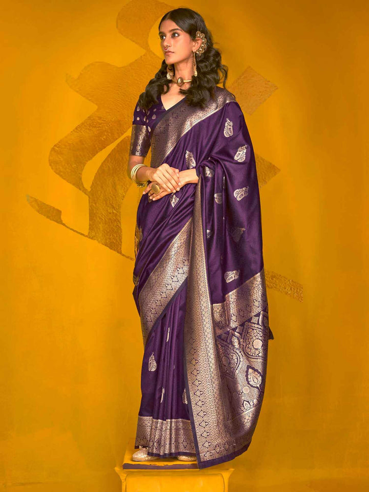 Ravishing Purple Zari Weaving Silk Wedding Wear Saree With Blouse - Zeel Clothing