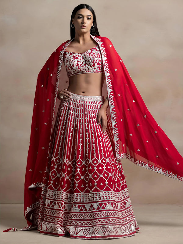 Ravishing Red Thread Work Georgette Bridal Wear Lehenga Choli