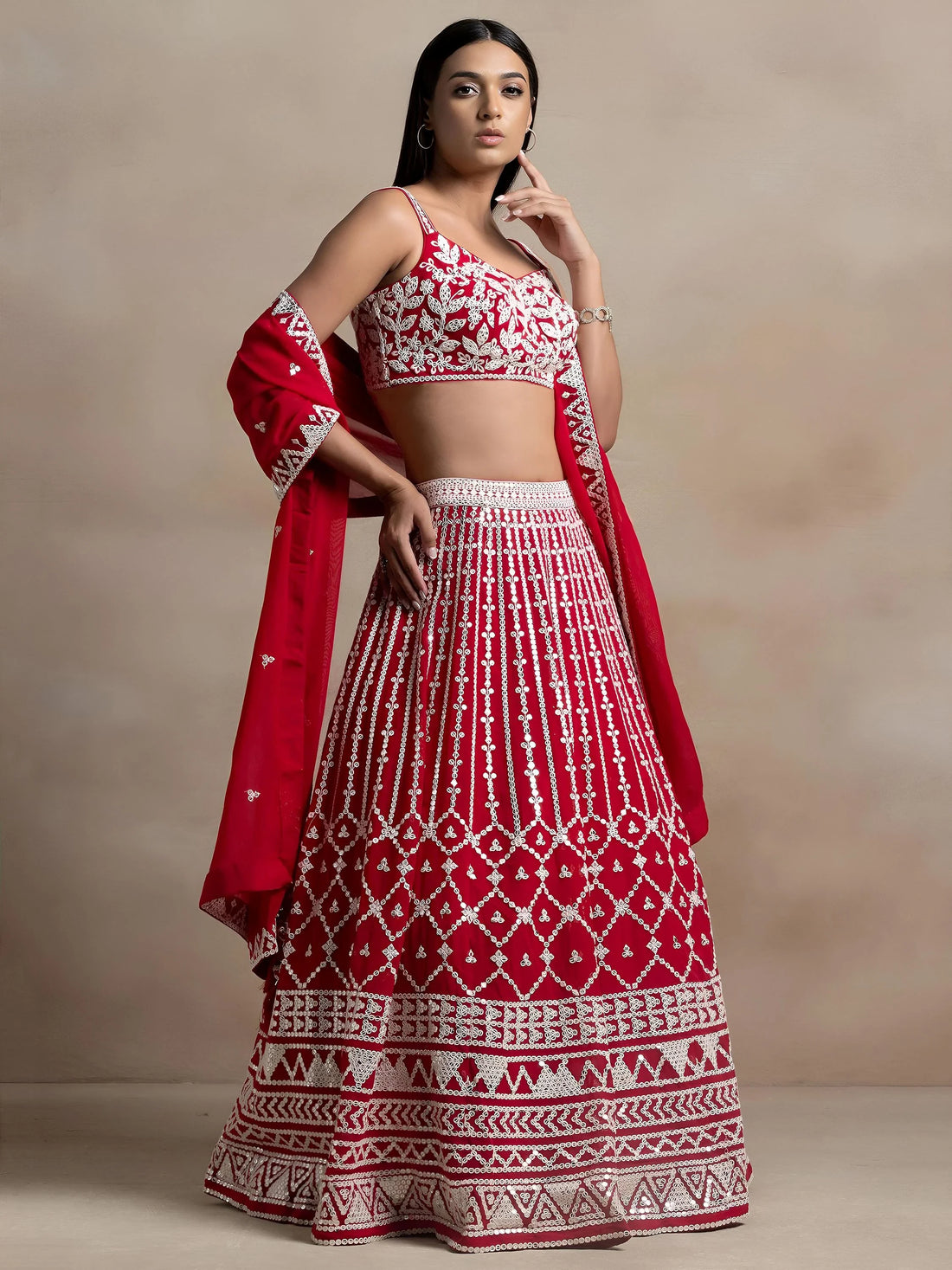 Ravishing Red Thread Work Georgette Bridal Wear Lehenga Choli
