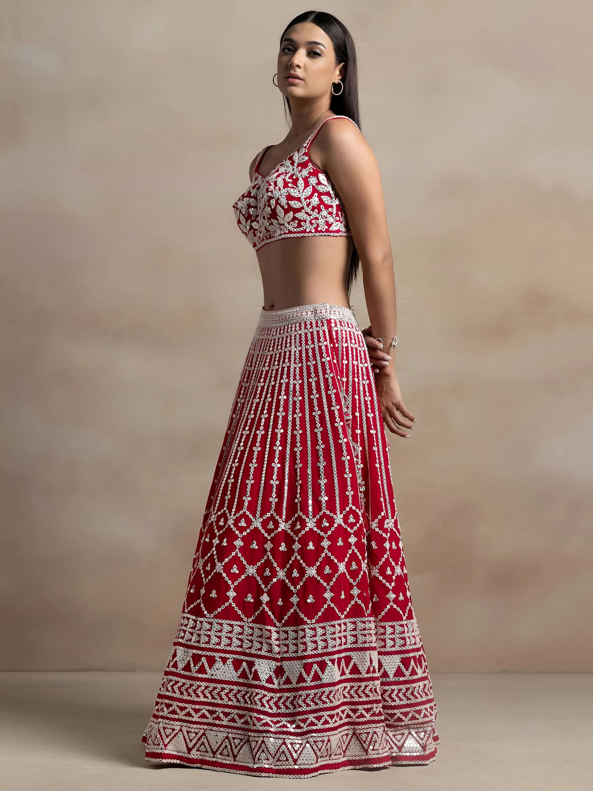 Ravishing Red Thread Work Georgette Bridal Wear Lehenga Choli