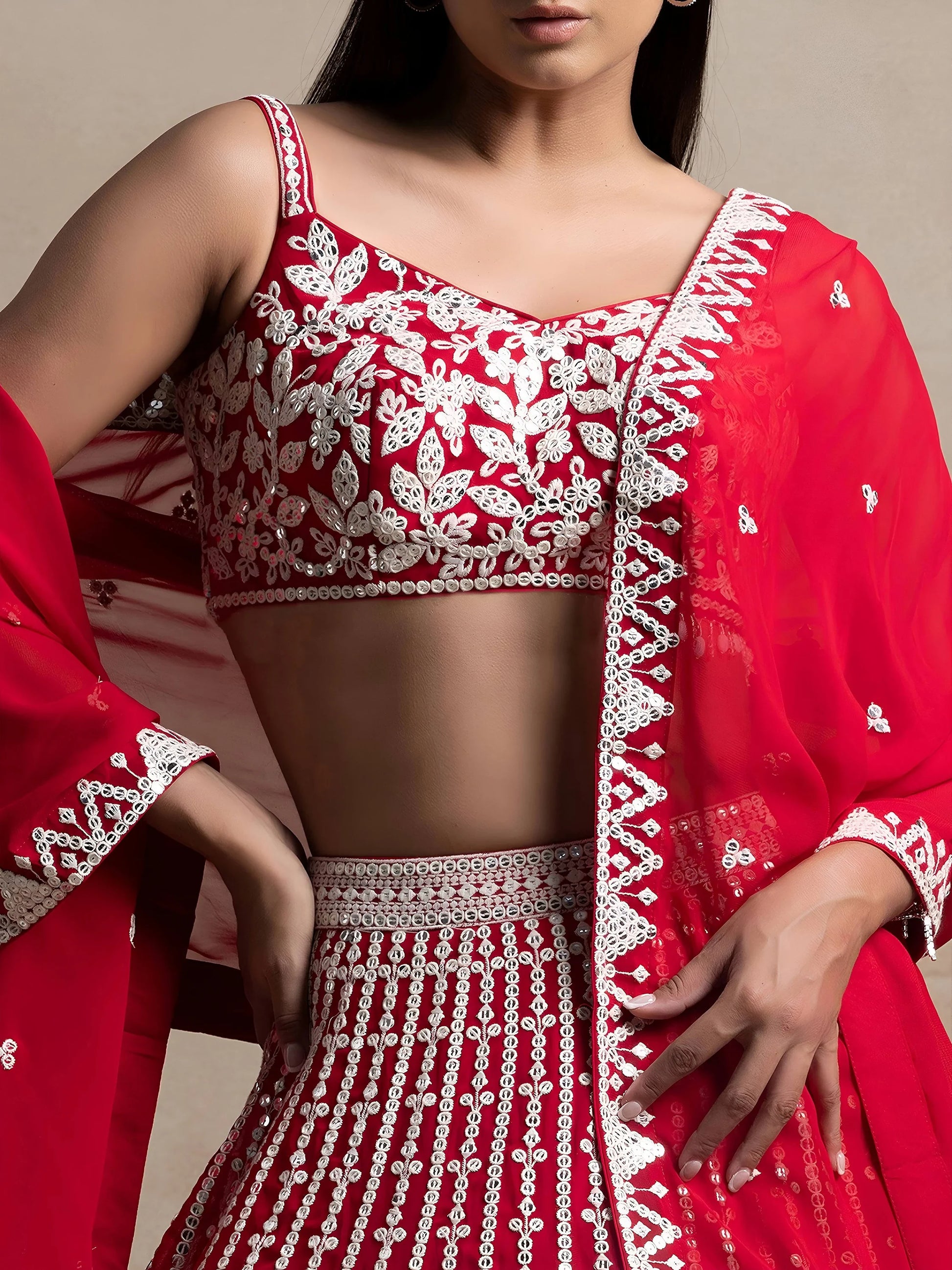 Ravishing Red Thread Work Georgette Bridal Wear Lehenga Choli