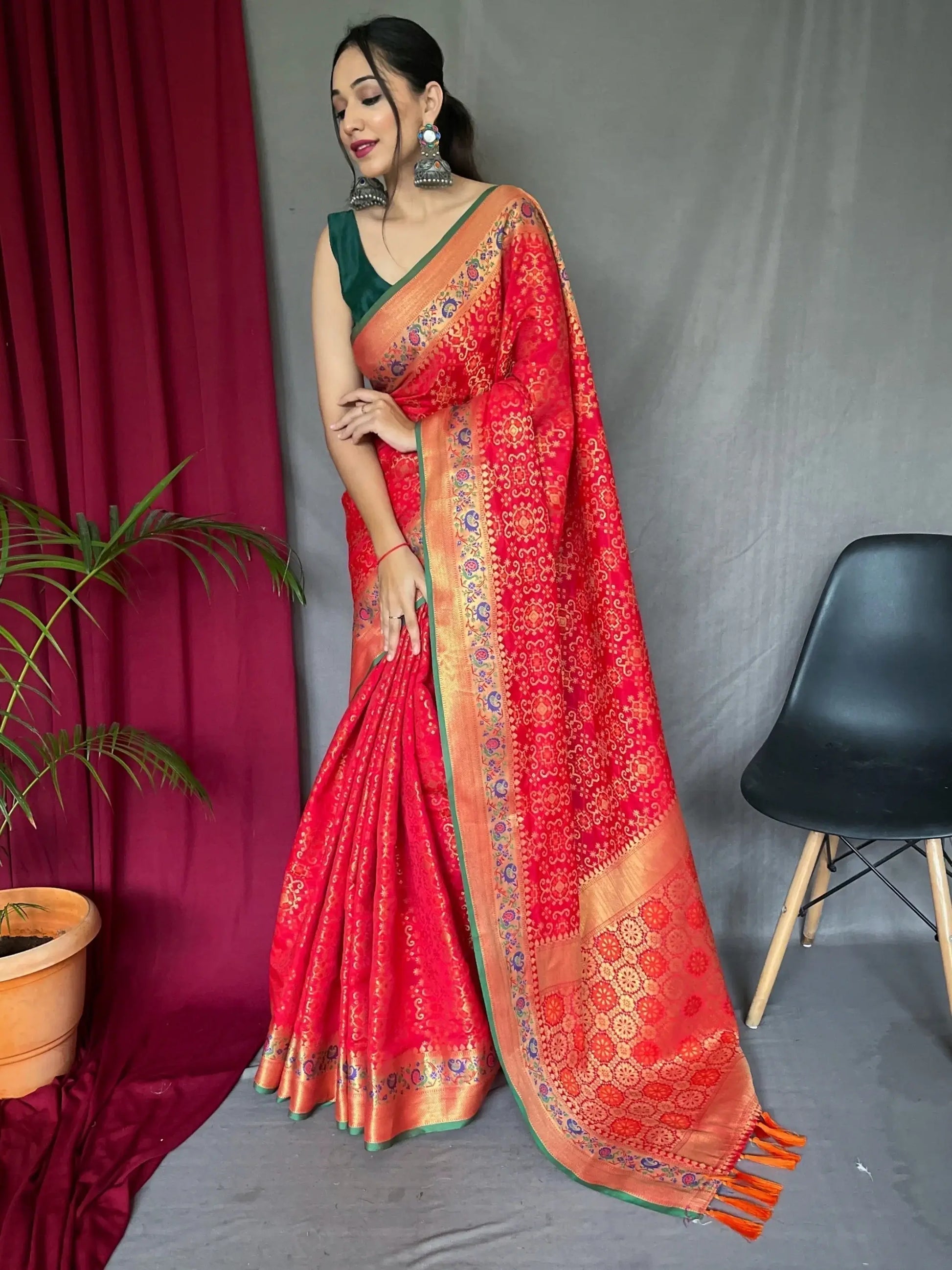 Ravishing Red Zari Weaving Patola Silk Traditional Saree With Blouse - Zeel Clothing