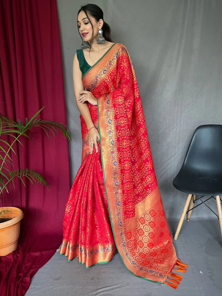 Ravishing Red Zari Weaving Patola Silk Traditional Saree With Blouse - Zeel Clothing