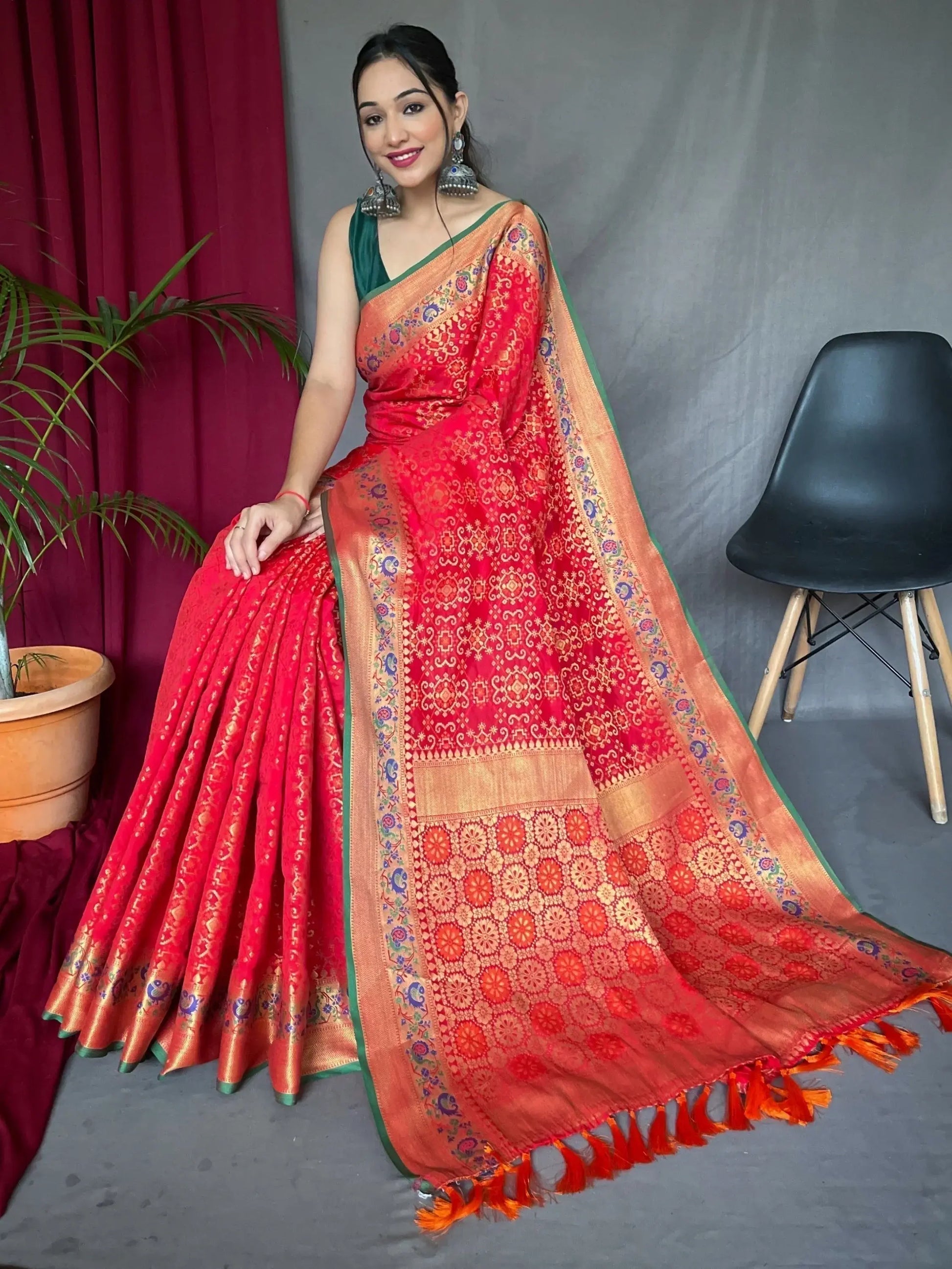 Ravishing Red Zari Weaving Patola Silk Traditional Saree With Blouse - Zeel Clothing