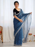 Ravishing Teal Blue Border Work Net Reception Wear Saree With Blouse - Zeel Clothing