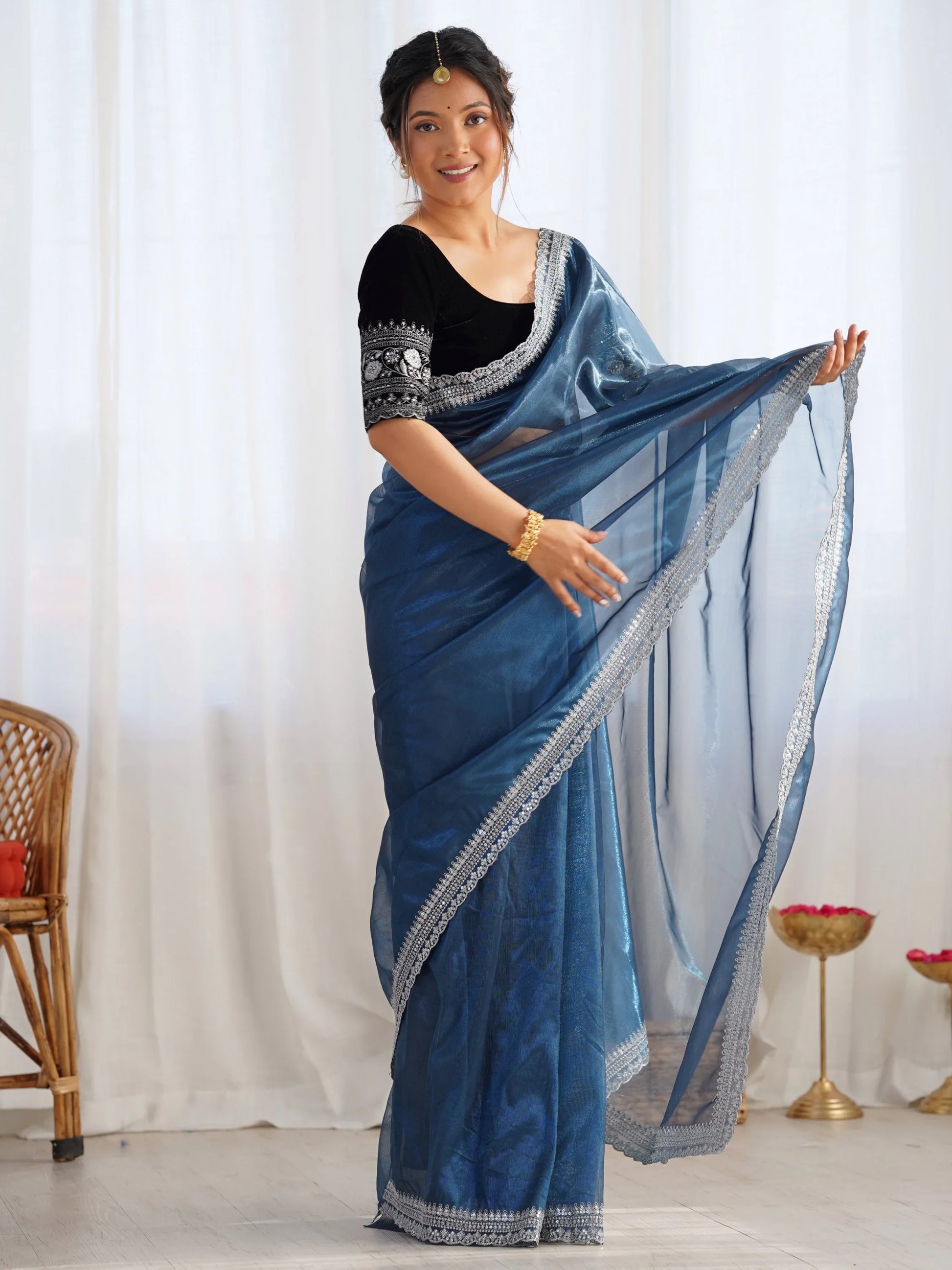 Ravishing Teal Blue Border Work Net Reception Wear Saree With Blouse - Zeel Clothing