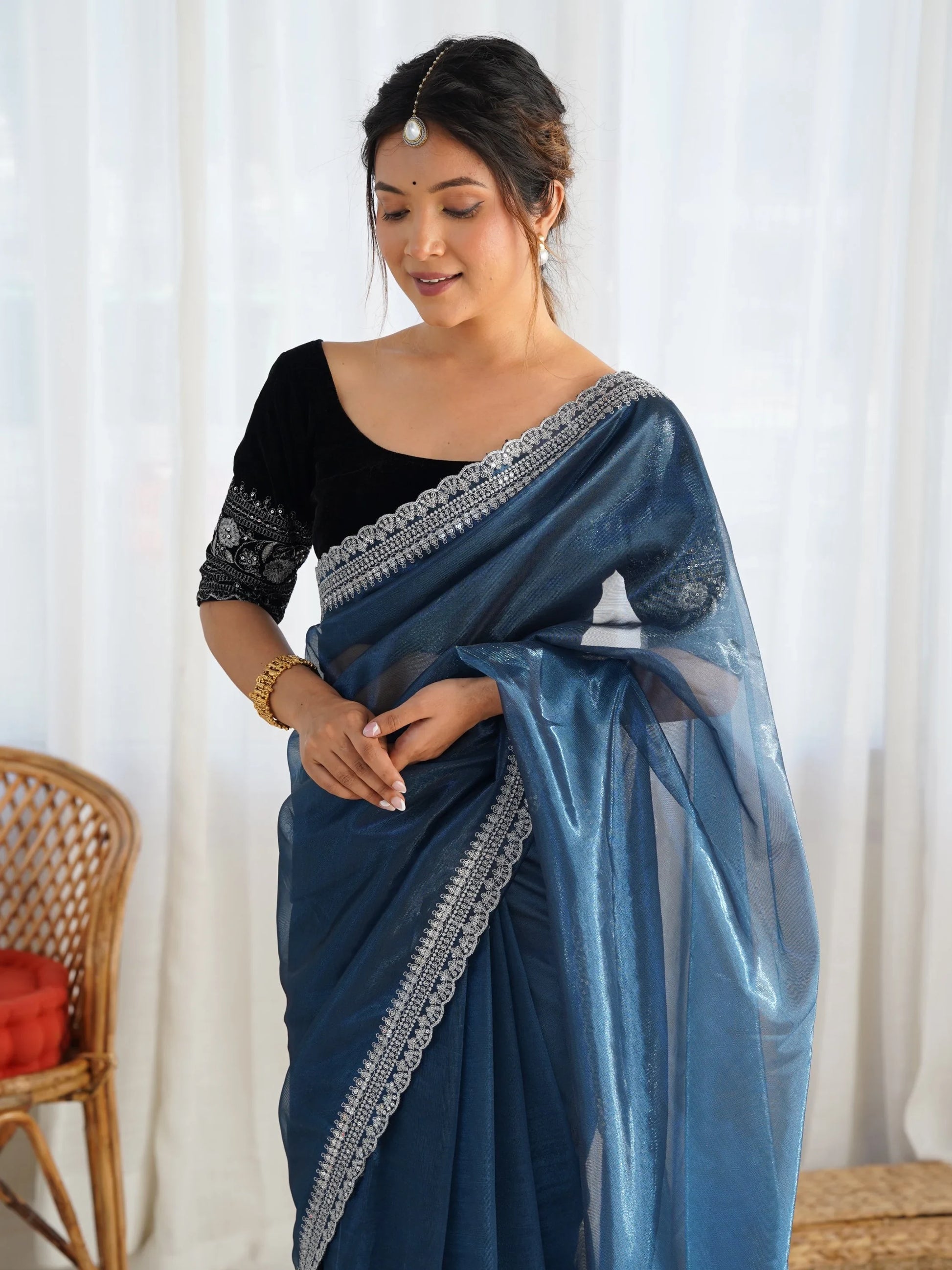 Ravishing Teal Blue Border Work Net Reception Wear Saree With Blouse - Zeel Clothing