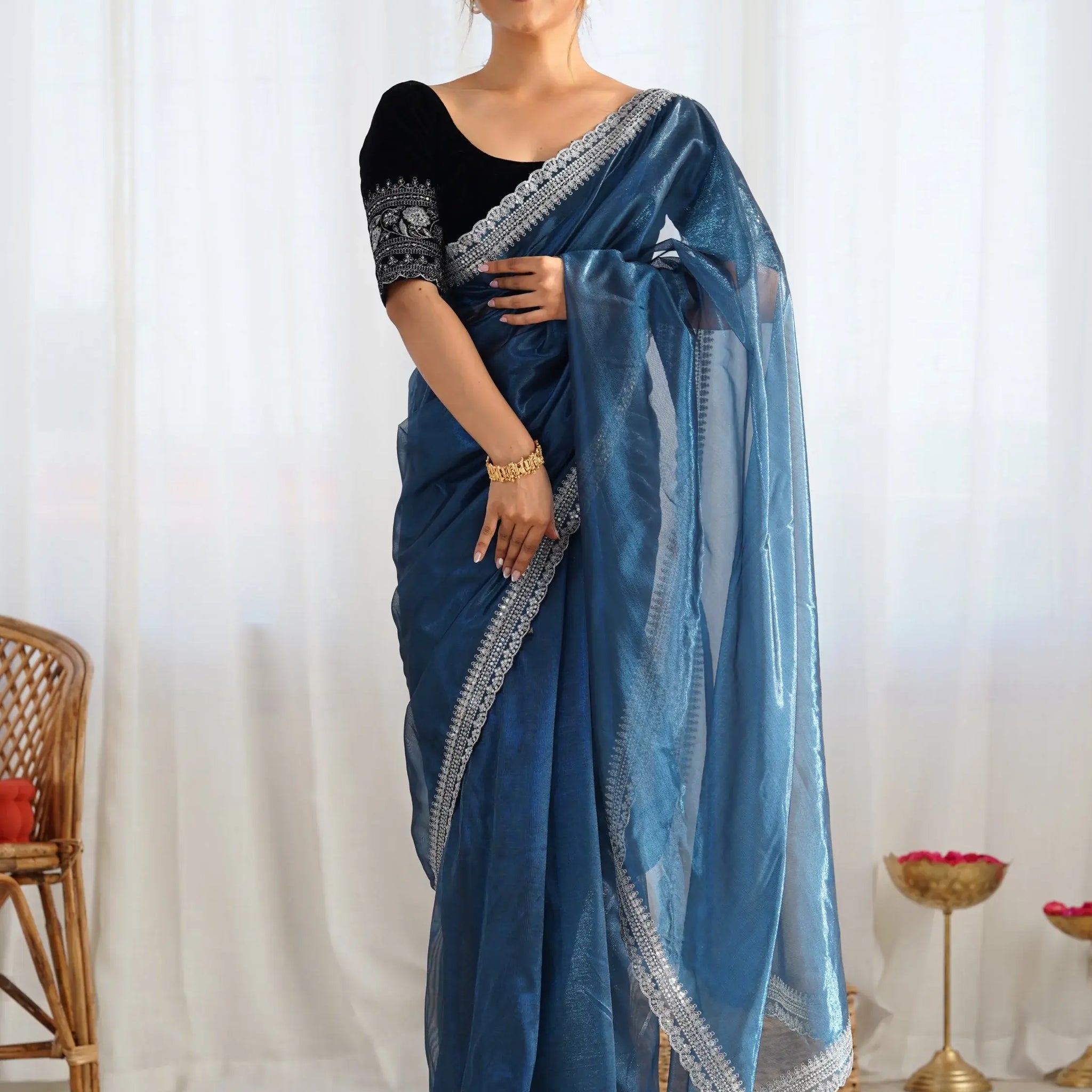 Ravishing Teal Blue Border Work Net Reception Wear Saree With Blouse - Zeel Clothing
