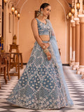 Ravishing Teal Blue Net Embroidered Engagement Wear Lehenga With Blouse