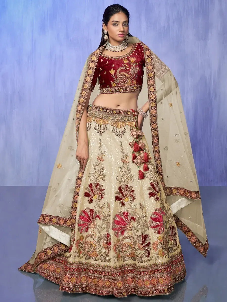 Ravishing White Sequins Velvet Lehenga Choli With Dupatta - Zeel Clothing