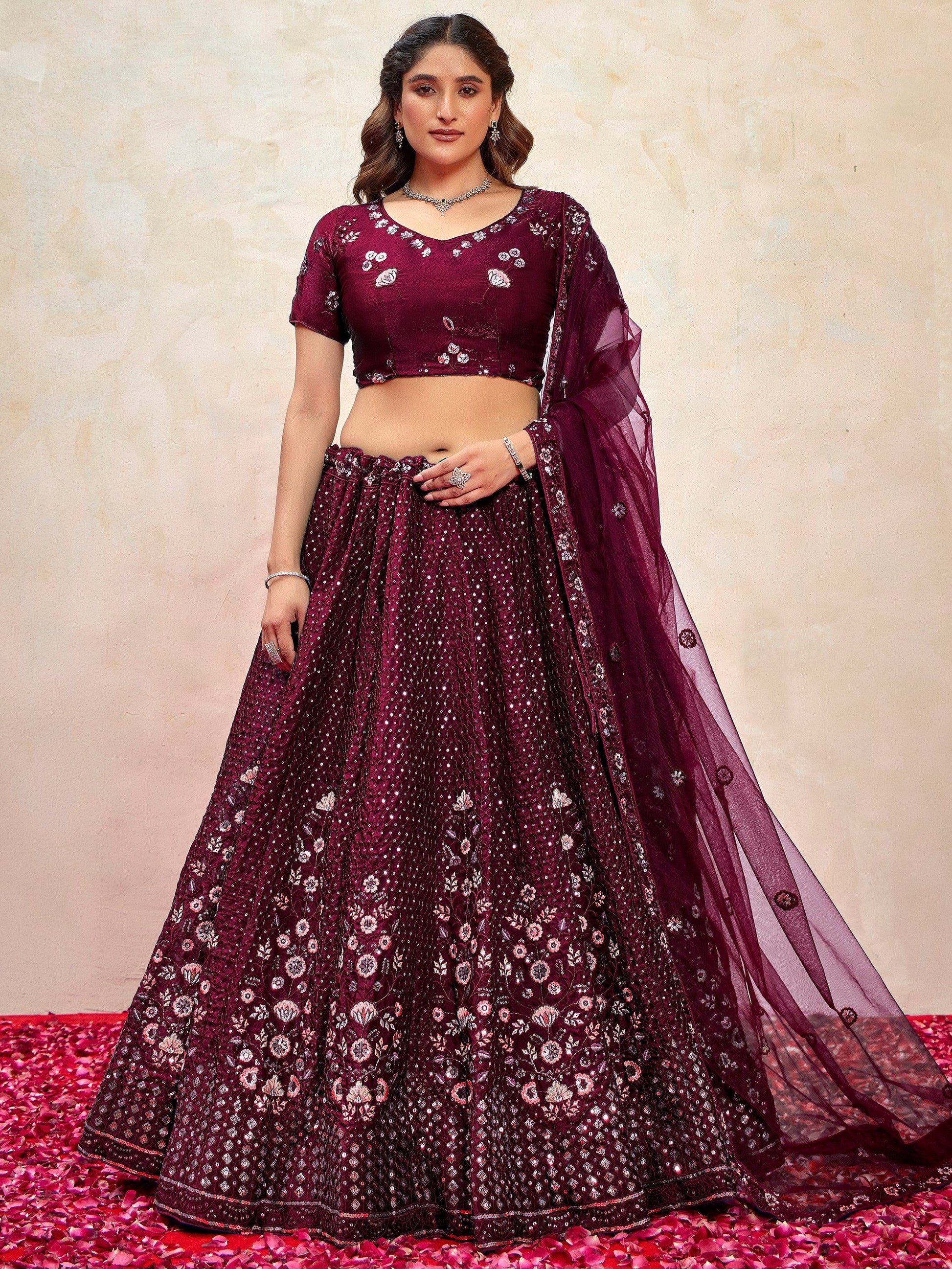Ravishing Wine Thread Embroidered Net Reception Wear Lehenga Choli With Dupatta - Zeel Clothing