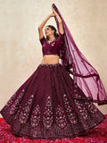 Ravishing Wine Thread Embroidered Net Reception Wear Lehenga Choli With Dupatta - Zeel Clothing