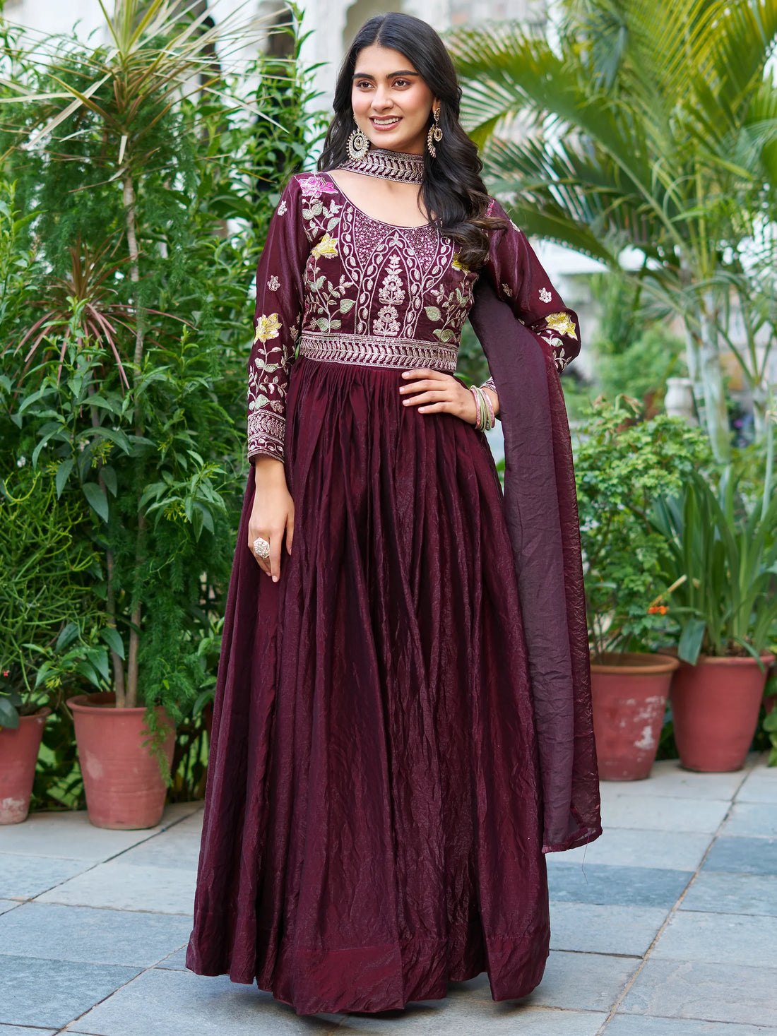 Ravishing Wine Thread Embroidery Silk Wedding Wear Gown With Dupatta