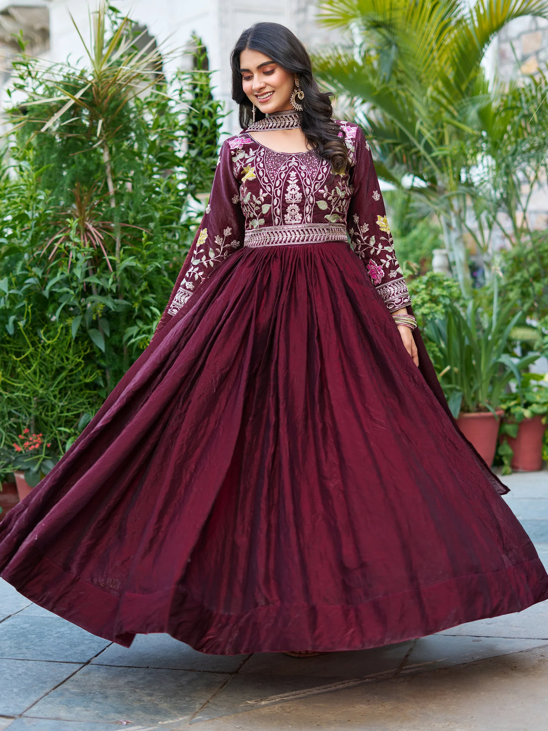 Ravishing Wine Thread Embroidery Silk Wedding Wear Gown With Dupatta