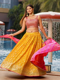 Ravishing Yellow Sequins Georgette Sangeet Wear Lehenga Choli
