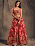 Red Floral Printed Organza Festival Lehenga Choli - Zeel Clothing