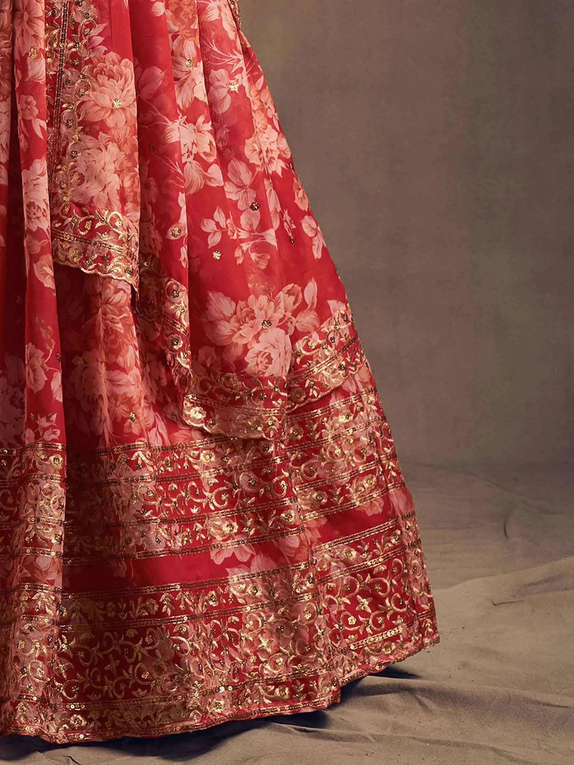 Red Floral Printed Organza Festival Lehenga Choli - Zeel Clothing