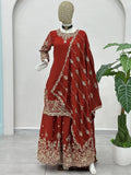 Fantastic Red Sequins Chinon Marriage Wear Palazzo Suit With Dupatta
