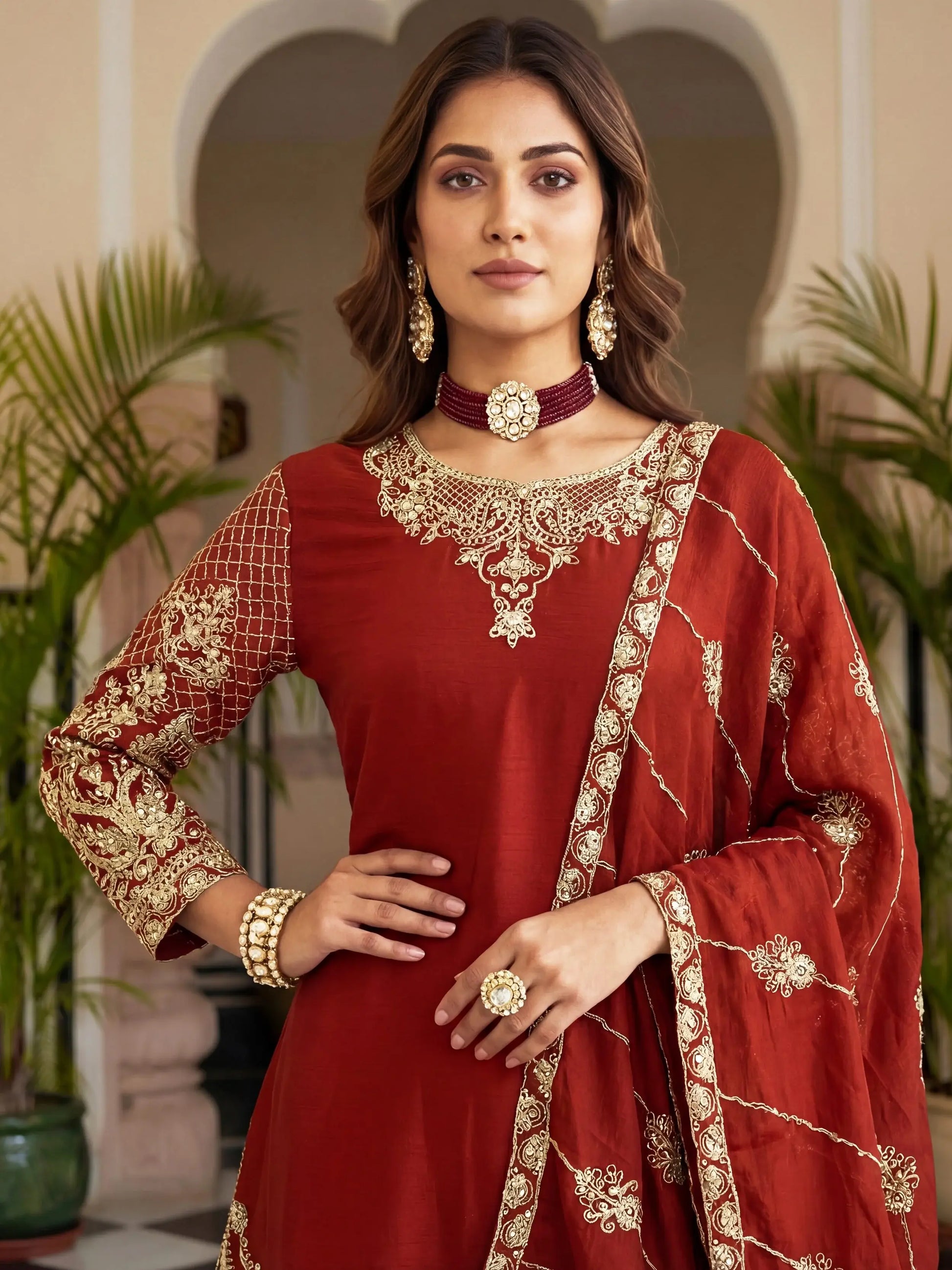 Fantastic Red Sequins Chinon Marriage Wear Palazzo Suit With Dupatta