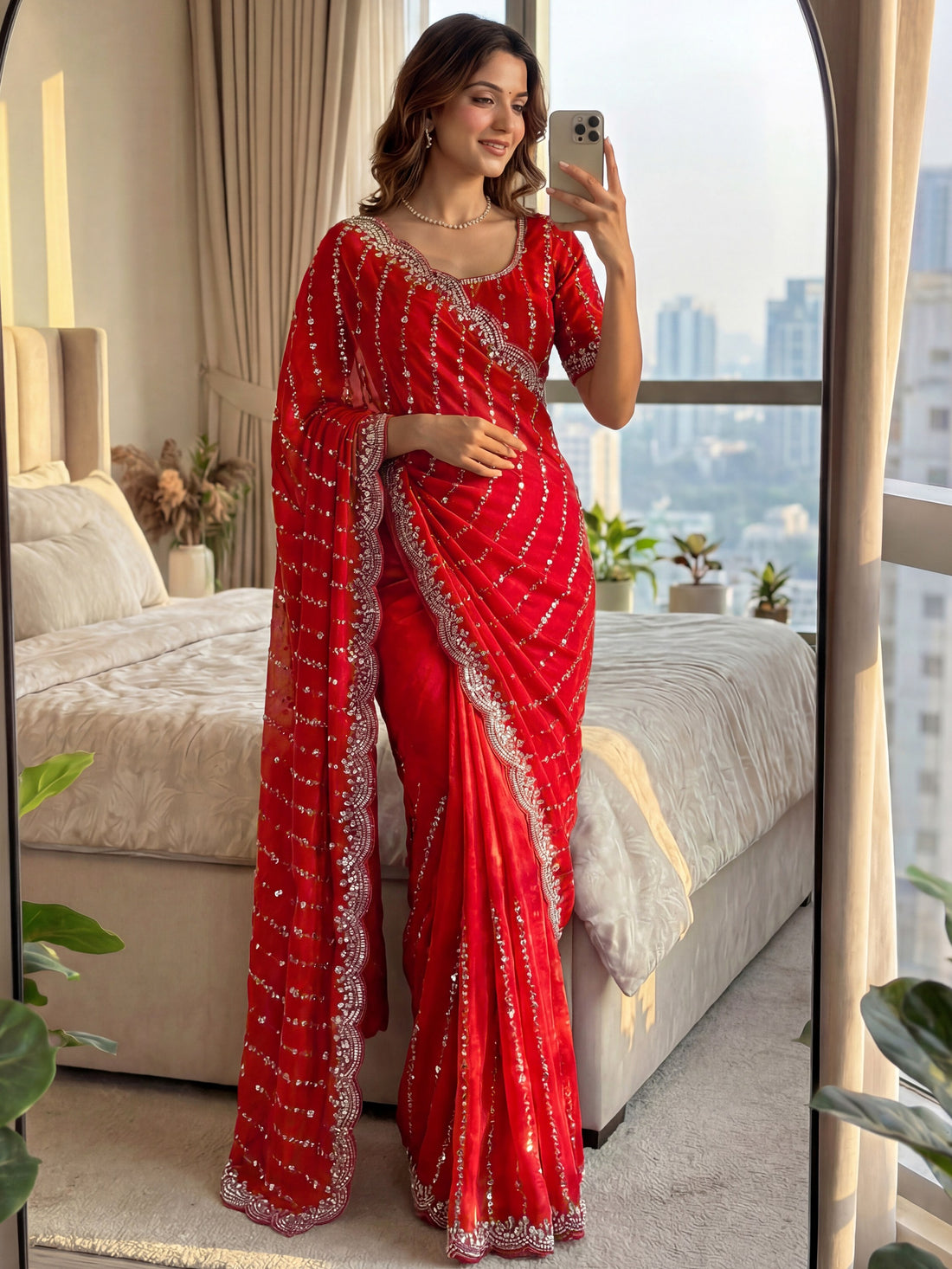 Lovely Red Bead Embroidered Satin Bridal Saree With Blouse