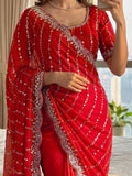 Lovely Red Bead Embroidered Satin Bridal Saree With Blouse