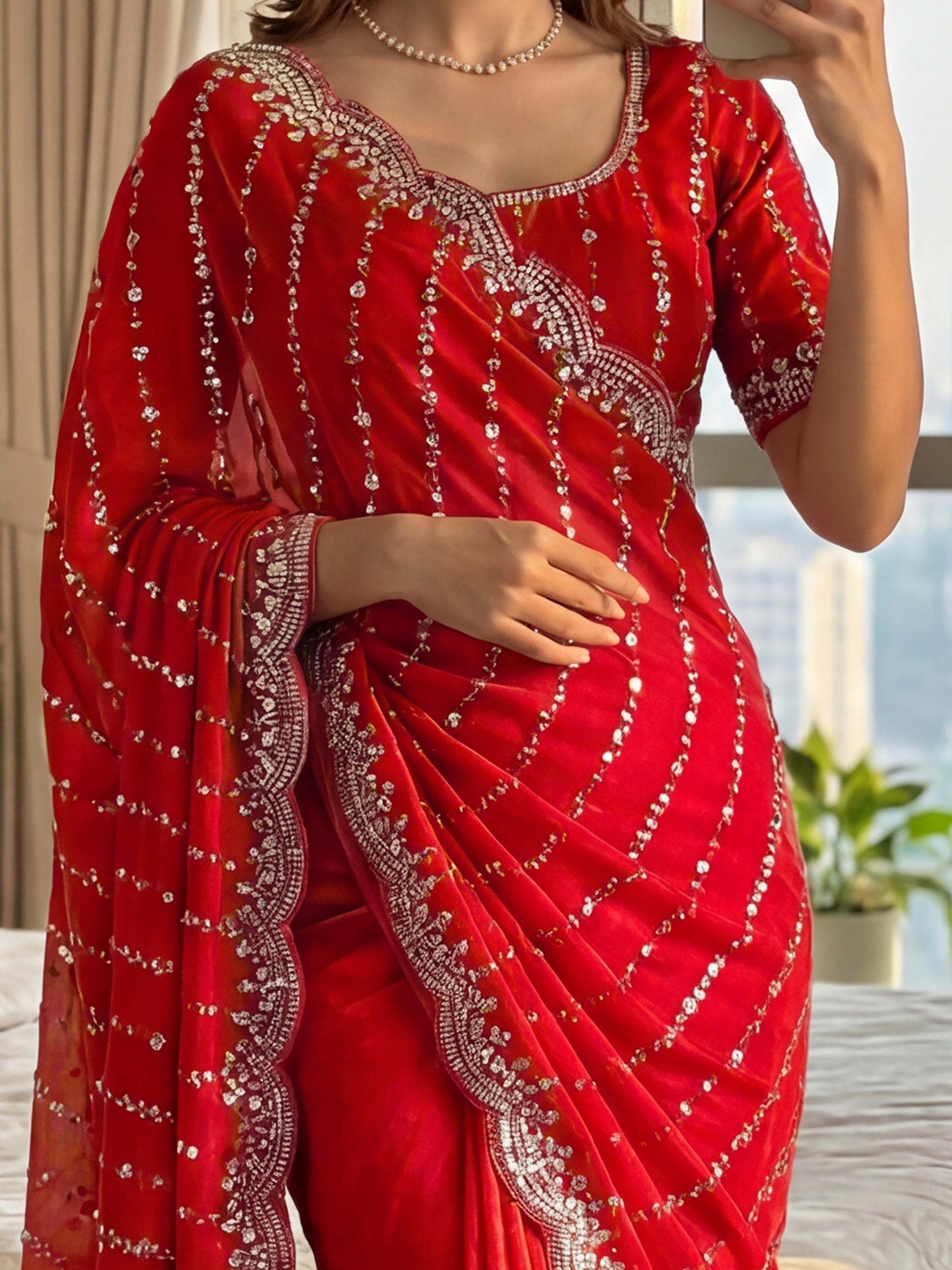 Lovely Red Bead Embroidered Satin Bridal Saree With Blouse