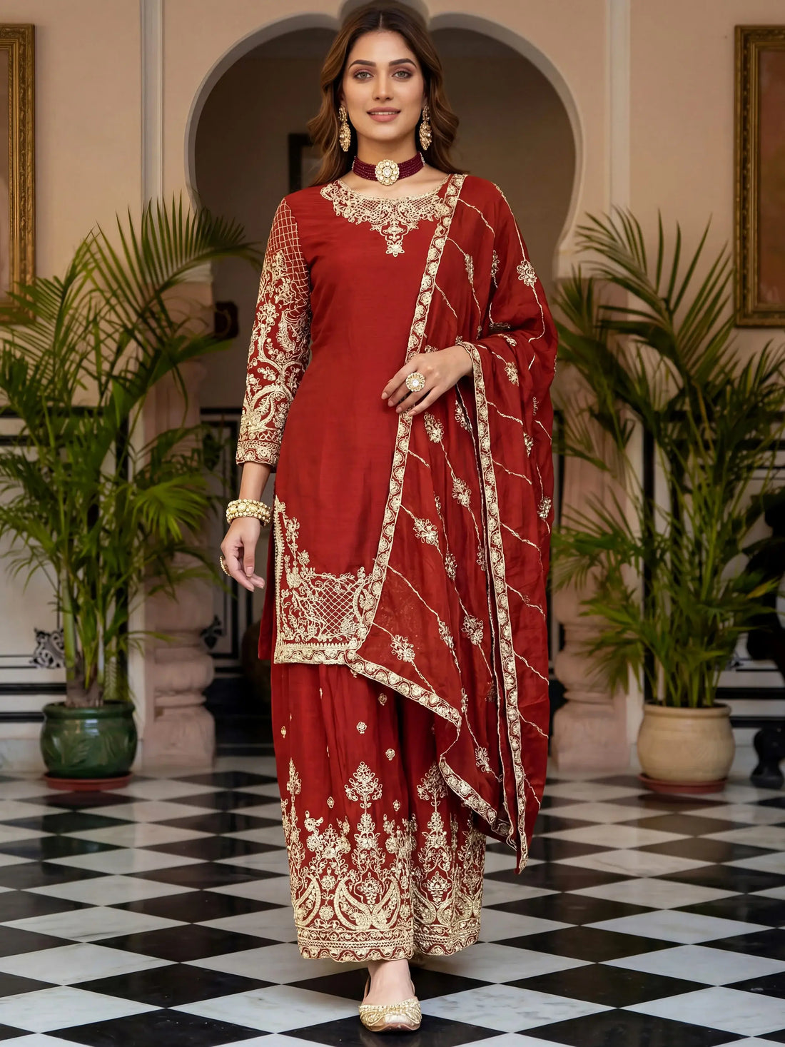 Fantastic Red Sequins Chinon Marriage Wear Palazzo Suit With Dupatta
